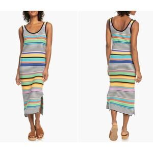 Roxy Sunshine Bouquet Stripe Knit Midi Dress Womens Size M Beachy Colorful Boho